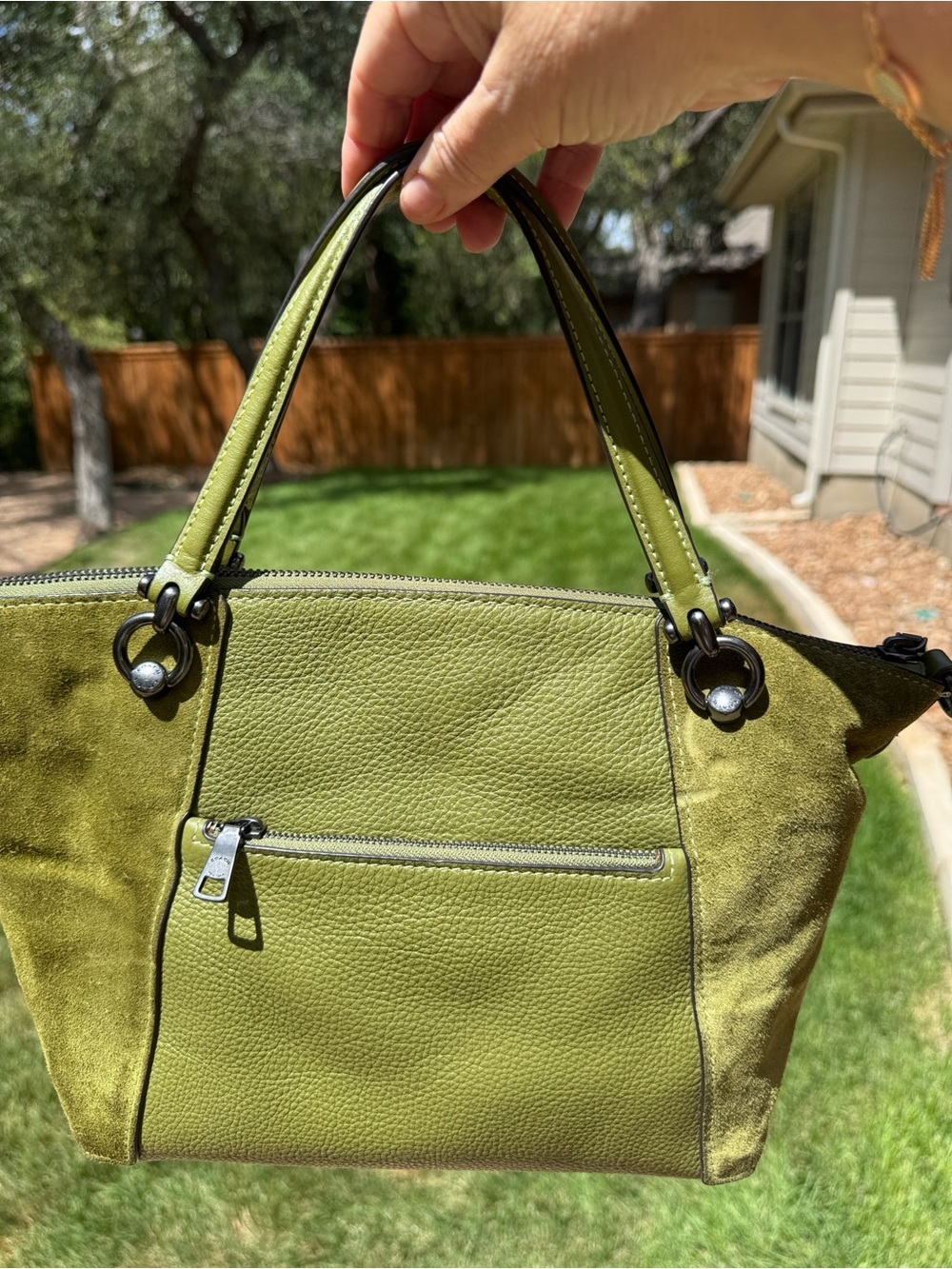 Coach Kasey Olive Green Leather & Suede Two-way Crossbody with gunmetal hardware - Picture 3 of 17